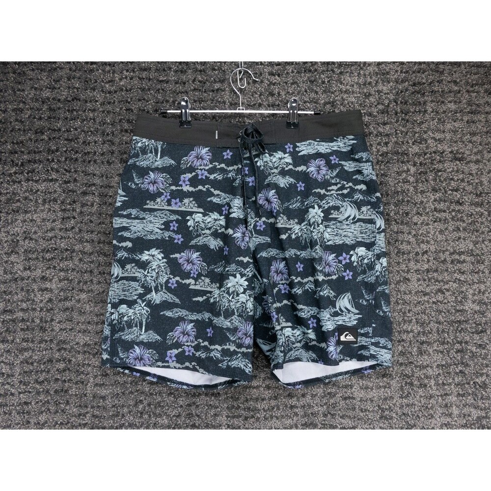Quiksilver Highline Board Shorts Mens 32 Black Floral Print Stretch Beach Surf